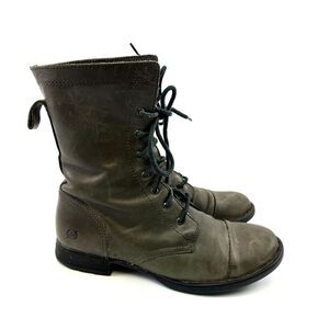 Born Leather Lace Up Combat Boot Mid Calf Gray Round Toe Low Heel Womens 6.5